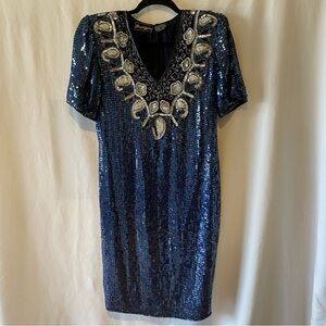 Vintage navy sequins Jewel Queen 100% silk size small dress